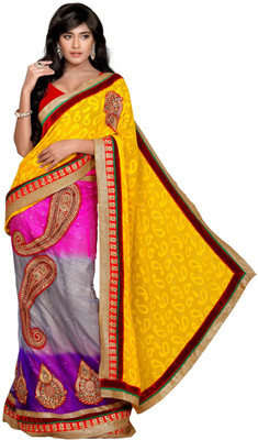 

Khushali Self Design, Embroidered, Embellished Fashion Net Saree(Red, Yellow, Multicolor), Multicolor;red;yellow