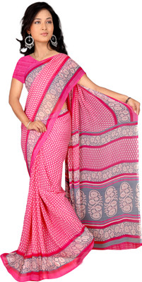 

Khoobee Self Design, Printed Fashion Georgette Saree(Pink, White)