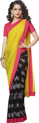 

Khoobee Self Design, Printed Fashion Georgette Saree(Yellow, Black, White), Black;white;yellow