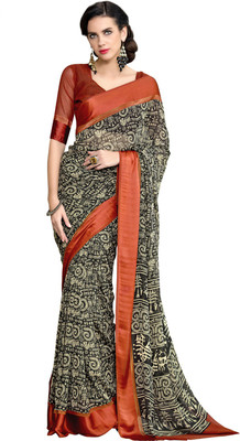 Manthan Printed Daily Wear Georgette Saree(Black, Beige)