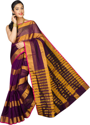 Pavechas Striped Banarasi Cotton, Silk Saree(Purple), Magenta