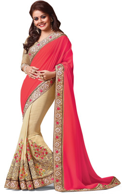 Indianbeauty Embroidered Bollywood Pure Georgette Saree(Pink, Beige), Beige;pink
