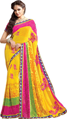 

Khushali Self Design, Embroidered, Embellished Fashion Georgette Saree(Yellow, Pink), Pink;yellow