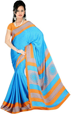 

Khoobee Geometric Print Fashion Crepe Saree(Light Blue, Orange), Lightblue;orange
