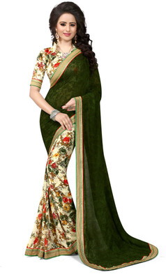 

Indianbeauty Self Design, Printed Bollywood Georgette Saree(Dark Green, Beige), Beige;dark green