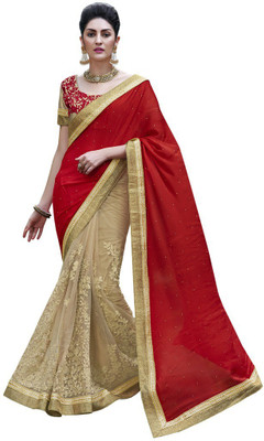 

Desi Butik Embroidered Fashion Jacquard, Net Saree(Red, Beige), Red and beige