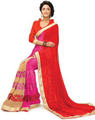 Indianbeauty Self Design, Embroidered Fashion Georgette Saree(Red, Pink), Pink;red