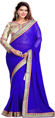 

Sourbh Sarees Self Design, Solid, Embroidered Fashion Synthetic Georgette Saree(Blue), Royal blue