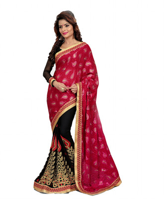 

Priyankas Embroidered Bollywood Chiffon Saree(Red, Black)