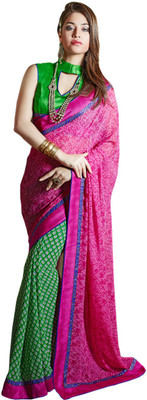 

Helixenterprise Printed Fashion Handloom Georgette Saree(Green), Green;pink