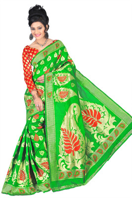 Weavedeal Embellished Kanjivaram Handloom Silk Cotton Blend Saree(Green)