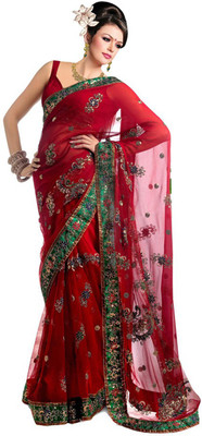 

Aksh Fashion Embroidered Bollywood Net Saree(Red