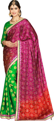 

V And V Shop Printed Fashion Handloom Silk Saree(Green), Green;pink
