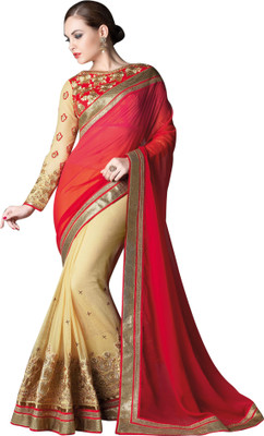 

Brijraj Embroidered Fashion Georgette, Net Saree(Beige, Red), Cream;red