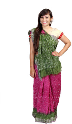 

KAJCI Solid Bandhani Silk Saree(Purple, Green), Purple4