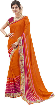 Ishin Embellished Fashion Georgette Saree(Orange), Orange & pink