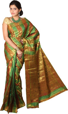 

Mimosa Self Design Kanjivaram Handloom Art Silk Saree(Green), Multi-olive