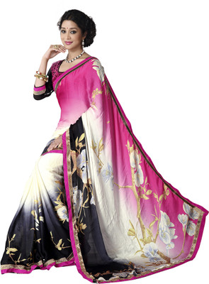

Parisha Self Design, Printed Fashion Satin, Chiffon Saree(Pink, Black, Multicolor), Black;multicolor;pink