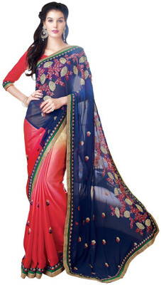 

Desi Butik Embroidered Fashion Chiffon Saree(Blue, Pink), Blue and pink