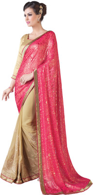 

Parisha Embroidered Fashion Georgette Saree(Pink, Beige), Beige;pink