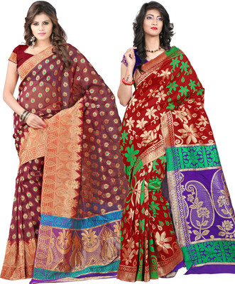 It's Banii Woven Banarasi Handloom Banarasi Silk Saree(Pack of 2, Maroon, Red)