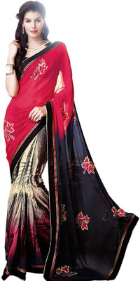 

Desi Butik Embroidered Fashion Georgette Saree(Red, Blue), Red and blue