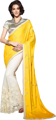 

Ishin Embroidered Fashion Satin Saree(White), White & yellow