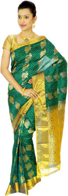 

Mahaveersilkcreations Woven Kanjivaram Art Silk Saree(Green), Aqua green