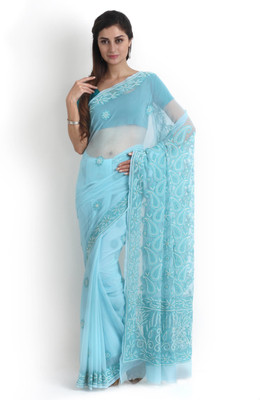 

Kasturi-B Swadeshi Karigari Embroidered Lucknow Chikankari Handloom Georgette Saree(Light Blue)