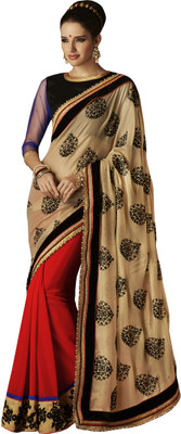 

Ewows Embroidered, Self Design Fashion Crepe, Jacquard Saree(Beige, Red)