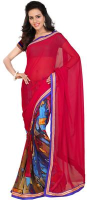 Vardan PRINTS Printed Bollywood Georgette, Chiffon Saree(Red, Blue)