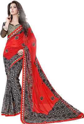 Manthan Embroidered Daily Wear Georgette Saree(Red, Black)