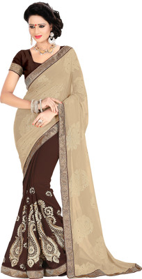 

Khoobee Self Design, Embroidered, Embellished Fashion Georgette, Jacquard Saree(Beige, Green, Brown), Beige;brown;green