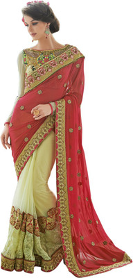 

Brijraj Embellished Fashion Net Saree(White, Red), Red;white