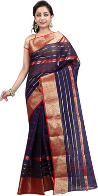 

Hawai Striped Tant Cotton Saree(Blue, Navi blue