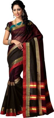 

Ishin Solid, Striped Fashion Cotton Saree(Black), Black & brown