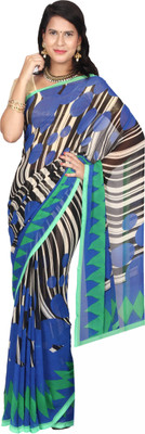 

EthnicQueen Geometric Print Fashion Georgette Saree(Blue, Black), Black;blue