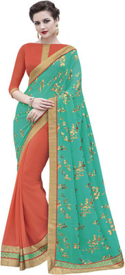 

Desi Butik Embroidered Fashion Georgette Saree(Green, Orange)