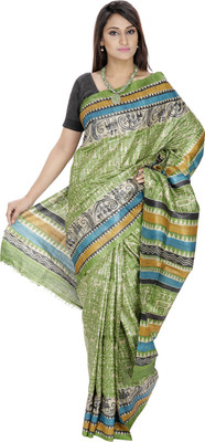 

Romi's Animal Print Bhagalpuri Handloom Tussar Silk Saree(Green), Green - printed