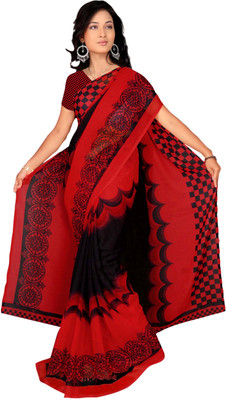 

Parisha Self Design, Printed Fashion Georgette Saree(Red, Black), Black;red
