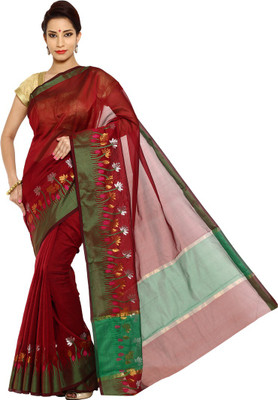 

Pavechas Solid, Embroidered Banarasi Silk Cotton Blend Saree(Maroon)