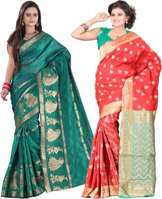 

It's Banii Woven Banarasi Handloom Banarasi Silk Saree(Pack of 2, Green, Red), Light green;red