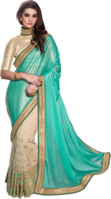 

Khushali Self Design, Embroidered, Embellished Fashion Net, Lycra Saree(Green, Beige), Beige;green