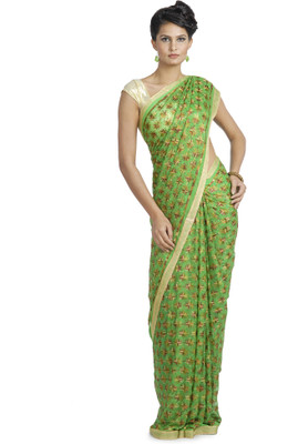 

Ethnic Bliss Lifestyles Embroidered Phulkari Handloom Chiffon Saree(Green), Green;multicolour