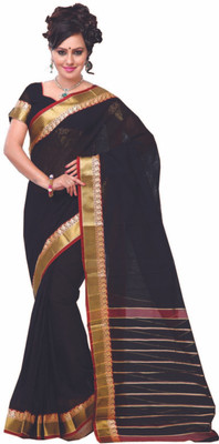 

Ishin Solid, Striped Fashion Cotton Saree(Black)