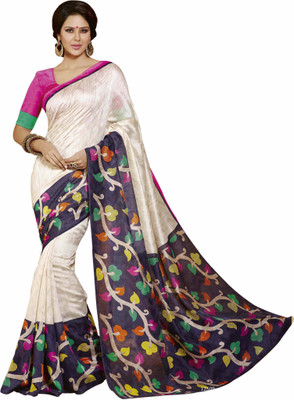 

Indrani Floral Print Bollywood Silk Saree(White, Blue), Blue;white