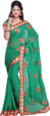 Desi Butik Embroidered Fashion Art Silk Saree(Green), Light green