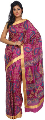 

Kataan Bazaar Printed Banarasi Handloom Tussar Silk Saree(Pink), Magenta