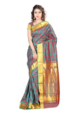 

Varkala Silk Sarees Woven Kanjivaram Jacquard Saree(Green, Red), Rama green