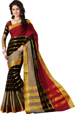 

Ishin Striped Kasavu Cotton Saree(Black), Black & red